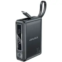 Awei PowerBank med indbygget kabel P87K 10000mAh sort/sort 30W