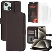 Mtp Products iPhone 15 MyTPhone CardMate MagSafe Læder Pung Cover med Kortholder, Stativ, 2x Skærmbeskyttelse - mørkebrun