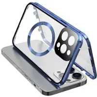 Mtp Products Dobbeltsidet hærdet glas + magnetisk metalramme Anti-Drop Case til iPhone 15 Kompatibel med MagSafe-telefoncover med spændelås - mørkeblå