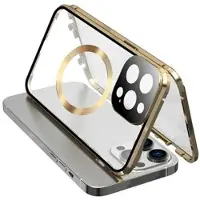 Mtp Products Dobbeltsidet hærdet glas + magnetisk metalramme Anti-Drop Case til iPhone 15 Kompatibel med MagSafe Phone Cover med spændelås - Guld