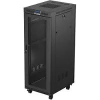 Lanberg FF01 series - Rack kabinet - 600 x 800, fladpakke, med mesh-dør, LCD - med LCD skærm, termostat, 4 køleblæsere - fritstående, gulvstående - sort, RAL 9004 - 32U - 19