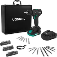 Vonroc Boremaskine 20V – PRO | Kompakt & Kraftfuld | Børsteløs Motor | 40Nm | 46 dele Tilbehør | Inkl. 2.0Ah Akku & Oplader | Premium Kuffert