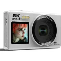 Mtp Products S150 Pro 5K digitalkamera med dobbeltskærm og 32GB hukommelseskort - hvid