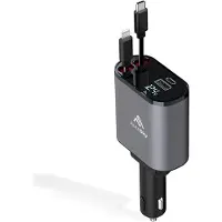 24hShop AutoSky 4-i-1 biloplader med udtrækkelige Lightning- og USB-C-kabler
