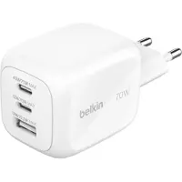 Belkin BoostCharge Pro - Strømforsyningsadapter - GaN - 70 Watt - PD 3.1/PPS - 3 output-stikforbindelser (2 x USB-C, USB) - hvid - med rejseadapter sæt