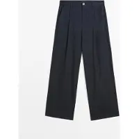 Massimo Dutti - Dame - Mid-Rise Nålestribede Bukser Med Brede Ben - Marineblå - 36