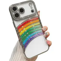 Mtp Products iPhone 17 Pro Regnbue Kviksand Hybrid Cover med Rhinestone-kameradekor - Sølv