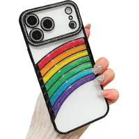 Mtp Products iPhone 17 Pro Regnbue Kviksand Hybrid Cover med Rhinestone-kameradekor - Sort