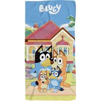 Licens Bluey håndklæde - 70x140 cm - 100% bomuld - Blødt badehåndklæde med Bluey og hendes familie