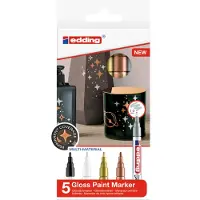 Edding 751 Gloss Paint Marker 1-2mm - med 5 stk. guld, sølv, kobber, sort, hvid