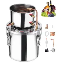 Vevor Alkoholdestillationsapparat, 3 gallon / 11,4 l rustfri stålvandalkoholdestiller med kobberspiral, hjemmebrygning, raffinering, gæringssæt med termometer og pumpe, til vin, whisky, brandy, sølv