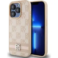 DKNY læderetui med ternet ensfarvet mønster og trykte striber til iPhone 15 Pro - pink