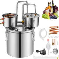 Vevor Alkoholdestillationsapparat, 3 gallon / 11,4 l rustfri stål vandalkoholdestiller med kobberspiral til hurtig afkøling, dobbelt kondensatordestilleringssæt med sekundær destillation, til vin, whi
