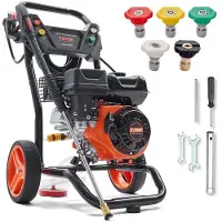 Vevor Gastrykrenser, 3600 PSI 2.6 GPM, Benzindrevet højtryksrenser med kobberpumpe, sprøjtepistol og forlængerstang, 5 hurtigkoblingsdyser, til rengøring af biler, hjem, indkørsler, terrasser