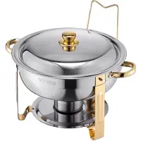 Vevor Varmeplade Buffetsæt, 5 l 4-pak, Varmeplade i rustfrit stål med 4 pander i fuld størrelse, rund cateringvarmer med låg, vandbakke, foldbar stativklemme, til bryllupper, fester, banketter, guld