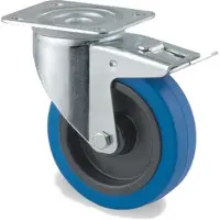 Tente Drejeligt hjul m/ bremse blå elastisk gummi Ø125 mm 250 kg rulleleje med plade Byggehøjde: 155 mm. D