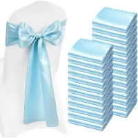 Vevor Satin Stolebånd Sløjfer, 100 stk. Stolebånd med Slips Bagpå Skærf, 7 x 108 tommer, Lyseblå Bryllupsreception Dekoration, Til Bryllupsceremoni Babyshower Fest Begivenheder Banket Stolebetræk Deko