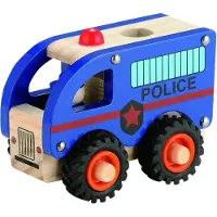 Magni Politibus i træ med gummihjul/ Wooden Police bus w. rubber wheels