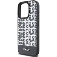 DKNY MagSafe-etui i læder med trykt mønster og metallogo til iPhone 15 Pro Max - Sort
