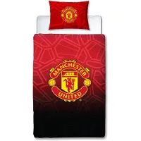 Licens Manchester United sengetøj - 150x210 cm - Rødt vendbart sengesæt med logo - 100% bomulds sengelinned - Fodbold sengetøj