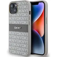 DKNY læderetui med monostribe og metallogo til iPhone 15 / 14 / 13 - beige
