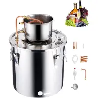 Vevor Alkoholdestillationsapparat, 8 Gal / 30 L Rustfrit Stål Vandalkoholdestiller med Kobberspole, Hjemmebrygning Raffinering Fermenteringssæt med Termometer, til Vin Whisky Brandy, Sølv