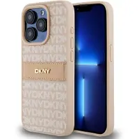 DKNY læderetui med monostribe og metallogo til iPhone 15 Pro - pink