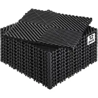 Vevor Sammenlåsende Drænmåtte, 12” x 12” Modulær Sammenlåsende Pude, 12 stk. Splejsende Drænmåtter, Skridsikre Sorte PP Drængulvfliser og Brusemåtte, til Garage, Have, Køkken og Udendørs