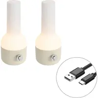 QAZQA Sæt med 2 udendørs bordlamper beige med hvid inkl. genopladelig LED - Haard