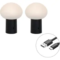 QAZQA Sæt med 2 genopladelige LED bordlamper svamp sort - Louise