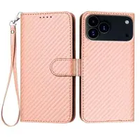 Mtp Products iPhone 17 Pro Premium Wallet-etui med rem - kulfiberstruktur - Kulstoflyserød