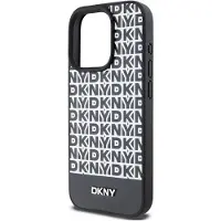 DKNY MagSafe-etui i læder med trykt mønster og metallogo til iPhone 15 Pro - Sort