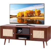 Vevor TV-bord i rattan, boho TV-skab til 55 tommer TV, midcentury modern TV-bord, TV-konsol i rattan med justerbare hylder til stue, medierum, valnød