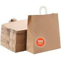 Vevor Kraftpapirposer med håndtag, 100 stk. 18 x 7 x 19 tommer, store papirindkøbsposer, genanvendelige og 100% genbrugte takeaway-poser, almindelige festposer i bulk til fødselsdag, bryllup, firma, l