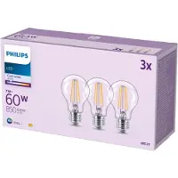 Philips LED pære Classic 7W/827 (60W) Klar 3-pak E27