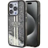 GUESS Liquid Glitter Gold Stripes-etui til iPhone 15 Pro - sort
