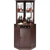 Vevor Hjørne industribarskab, vinbord til spiritus og glas, skænkbuffetskab med glasholder, fritstående bondegårdstræ kaffebarskab til stuen, hjemmebar, sort valnød