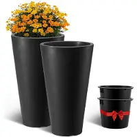 Vevor Sæt med 2 høje plantekasser til udendørs indendørs planter 24 tommer, sorte runde store plantekasser til veranda, terrasse, høje, koniske blomstertræplantepotter med moderne design og indbygget