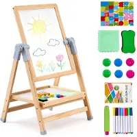 Vevor Kunststaffeli til børn, 2-i-1 træ dobbeltsidet kunststaffeli til børn med magnetisk whiteboard og kridttavle, justerbar stående drejelig foldbar tegnebræt med maletilbehør til dreng og pige