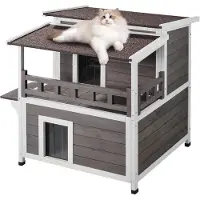 Vevor Udendørs kattehus vejrbestandigt, vildkattehus til flere katte, 2-etagers stort udendørs trækattehus med balkon, døre, PVC-dørklapper og åbent tag, 76 cm L x 76 cm B x 81 cm H