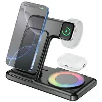 Mtp Products Q50D 4-i-1 foldbar trådløs oplader med RGB-omgivelseslys - 15W - Sort