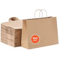 Vevor Kraftpapirposer med håndtag, 100 stk. 16 x 6 x 12 tommer, store papirindkøbsposer, genanvendelige og genbrugte takeaway-poser, almindelig festpose i bulk til fødselsdag, bryllup, firma, lækkerie