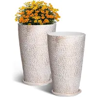 Vevor Sæt med 2 høje udendørs plantekasser 21" H, runde store plantekasser til veranda og terrasse, stenfinish blomstertræplantepotter