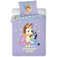 Licens Bluey sengetøj - 100% bomuld - Børnesengetøj 140x200 cm - Godnat Bluey - Lilla