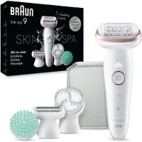 Braun Silk-épil 9 SkinSpa All-in-One Set Epilator for Women Long-Lasting Hair Removal Shaver Attachment Massage Attachment White/Pink 9-080 SkinSpa