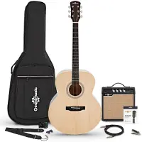 Gear4Music Jumbo Left Handed Electro Acoustic Guitar Natural 15W Acoustic Amp & Accessory Pack