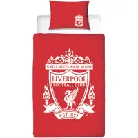 Licens Liverpool sengetøj - 150x210 cm - Rødt vendbart sengesæt med logo - 100% bomulds sengelinned - Fodbold sengetøj
