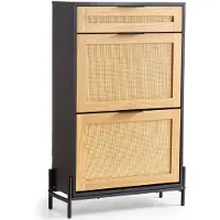 Vevor Rattan skoskab, smal skoopbevaringsorganisator med 2 vippeskuffer i rattan og 1 udtræksskuffe, metalben, slankt skoskab i entréen, ideelt til entré, skab, entré, sort