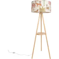 QAZQA Gulvlampe med træstativ og flerfarvet lampeskærm med dyreprint 50 cm - Lou
