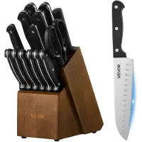 Vevor Køkkenknivsæt med Blok og Slibemaskine, 15-delt tysk knivsæt i rustfrit stål med højt kulstofindhold, Køkkenbestik med ABS ergonomisk håndtag, Slibestang og Træblok, til hjemmekokke